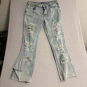 Flamingo Distressed Flare Jeans Womens XL Blue Light Wash Stretch Mid Rise Bell